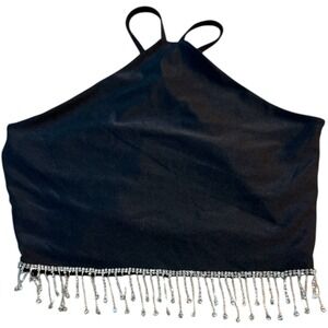 Doris Black Halter Neck Stretch Rhinestone‎ Fringe Crop Top Women's Medium